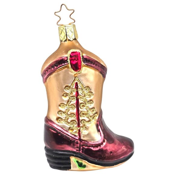 Vtg German Western Cowboy Boot Glass Christmas Ornament Gold Glitter  4" Inge - Picture 1 of 8